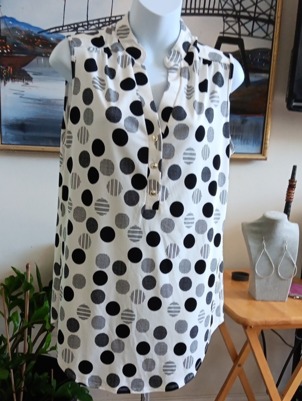 Perseption Concept Sleeveless Polka Dot Button-Front Blouse - Black & White